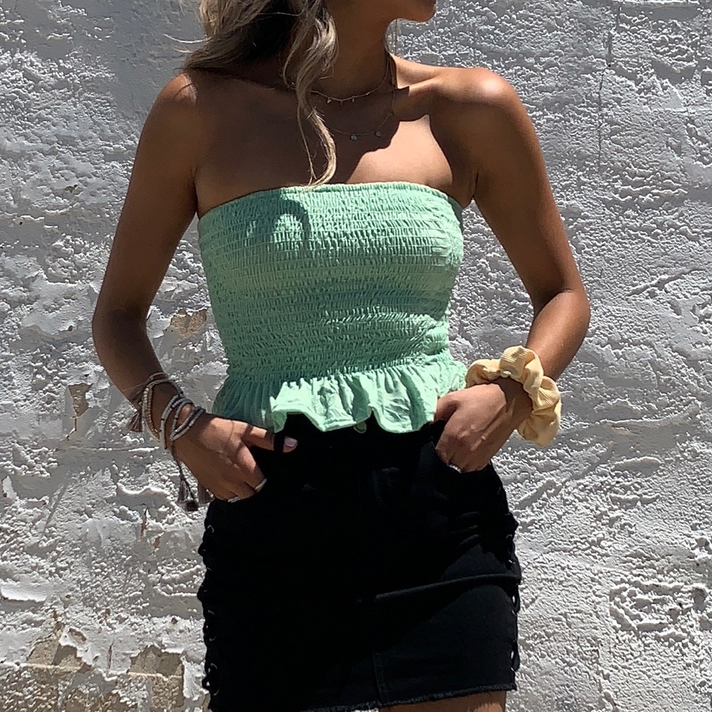 Lime green shirred tip with ruffle hem